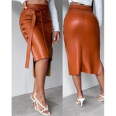 Lucky Life Kadın Yüksek Bel Kuşaklı Yanlardan Düğmeli Mini Deri Etek - 7