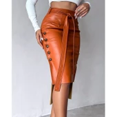 Lucky Life Kadın Yüksek Bel Kuşaklı Yanlardan Düğmeli Mini Deri Etek - 5