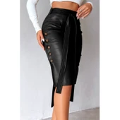 Lucky Life Kadın Yüksek Bel Kuşaklı Yanlardan Düğmeli Mini Deri Etek - 1