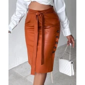 Lucky Life Kadın Yüksek Bel Kuşaklı Yanlardan Düğmeli Mini Deri Etek - 4