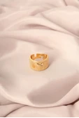 Gold Renk Metal Zirkon Taşlı Kalp Model Ayarlanabilir Kadın Yüzük - 1