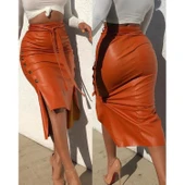 Lucky Life Kadın Yüksek Bel Kuşaklı Yanlardan Düğmeli Mini Deri Etek - 6