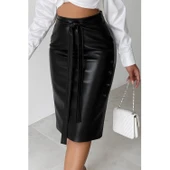 Lucky Life Kadın Yüksek Bel Kuşaklı Yanlardan Düğmeli Mini Deri Etek - 4