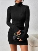 Fitilli boğazlı şardonlu elbise siyah - 2