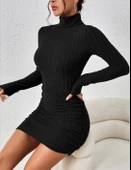 Fitilli boğazlı şardonlu elbise siyah - 3