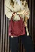 Erkan Saçmacı Bordo Hakiki Dana Süet Manyetik Kapaklı Büyük Boy Günlük Omuz Çantası ve Askılı El Çantası - 5