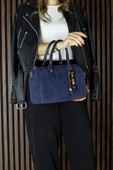 Erkan Saçmacı Lacivert Hakiki Dana Süet Fermuarlı İç Cepli Askılı Boncuk Aksesuarlı Günlük Büyük Boy Omuz Çantası - 2
