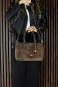 Erkan Saçmacı Kahve Hakiki Dana Süet Fermuarlı İç Cepli Askılı Boncuk Aksesuarlı Günlük Büyük Boy Omuz Çantası - 6