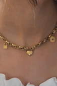 Çelik Gold Renk Kalın Zincir Model Kalp Figür Kadın Kolye - TJ-BKO6898 - 2