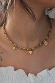 Çelik Gold Renk Kalın Zincir Model Kalp Figür Kadın Kolye - TJ-BKO6898 - 1