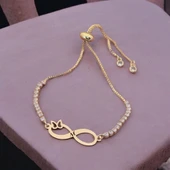 Harfe Özel 14 Ayar Altın Plakalı Sonsuzluk ve Kelebek Figürlü Zincirli Beyaz Taş Desenli Hediye Bileklik-361 thumbnail 2