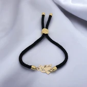 İsme Özel Kuş Motifli Siyah İpek Örgülü 14 Ayar Altın Plakalı Hediye Bileklik-360 thumbnail 2