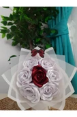 BUKET DÜNYASI 7 Li Solmayan Gül Buketi Beyaz Gül Ortası Tek Bordo Dışı Beyaz - 1