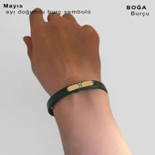 Doğum Ayına Özel 14 Ayar Altın Plakalı Dikdörtgen Motifli Doğal Yeşil Derili Hediye Bileklik-367 thumbnail 3