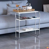 Modilayn C Yan Sehpa Geniş Boy Tekerlekli Çalışma, Atıştırmalık, Yemek, Laptop Sehpası Beyaz Çizgili - 4