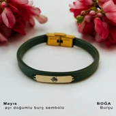 Burca Özel Dikdörtgen Motifli Doğal Yeşil Derili 14 Ayar Altın Plakalı Hediye Bileklik-367 thumbnail 1