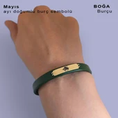 Burca Özel Dikdörtgen Motifli Doğal Yeşil Derili 14 Ayar Altın Plakalı Hediye Bileklik-367 thumbnail 4