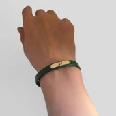 Harfe Özel 14 Ayar Altın Plakalı Dikdörtgen Motifli Doğal Yeşil Derili Hediye Bileklik-367 thumbnail 3