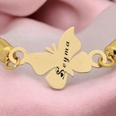 İsme Özel Kelebek Figürlü Hasır Kordonlu 14 Ayar Altın Plakalı Hediye Bileklik-366 thumbnail 3