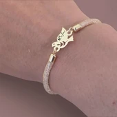 İsme Özel Kuş Motifli Hasır Kordonlu 14 Ayar Altın Plakalı Hediye Bileklik-365 thumbnail 4