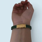 Doğum Ayına Özel 14 Ayar Altın Plakalı Dikdörtgen Motifli Doğal Yeşil Derili Hediye Bileklik-367 thumbnail 5