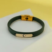 Sembole Özel Doğal Yeşil Derili 14 Ayar Altın Plakalı Dikdörtgen Motifli Hediye Bileklik-367 thumbnail 1
