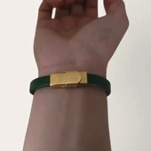 Sembole Özel Doğal Yeşil Derili 14 Ayar Altın Plakalı Dikdörtgen Motifli Hediye Bileklik-367 thumbnail 5