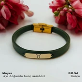 Doğum Ayına Özel 14 Ayar Altın Plakalı Dikdörtgen Motifli Doğal Yeşil Derili Hediye Bileklik-367 thumbnail 1