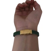 İsme Özel Dikdörtgen Motifli Doğal Yeşil Derili 14 Ayar Altın Plakalı Hediye Bileklik-367 thumbnail 5