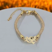 Harfe Özel 14 Ayar Altın Plakalı Kuş Motifli Hasır Kordonlu Hediye Bileklik-365 thumbnail 2