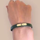 Sembole Özel Doğal Yeşil Derili 14 Ayar Altın Plakalı Dikdörtgen Motifli Hediye Bileklik-367 thumbnail 4