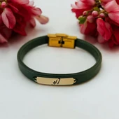 Harfe Özel 14 Ayar Altın Plakalı Dikdörtgen Motifli Doğal Yeşil Derili Hediye Bileklik-367 thumbnail 1