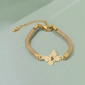 Harfe Özel 14 Ayar Altın Plakalı Kelebek Figürlü Hasır Kordonlu Hediye Bileklik-366 thumbnail 2