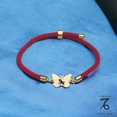 Burca Özel Kelebek Figürlü Kırmızı Örgü İpli 14 Ayar Altın Plakalı Hediye Bileklik-368 thumbnail 1