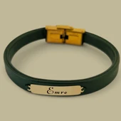 İsme Özel Dikdörtgen Figürlü Hakiki Yeşil Derili 14 Ayar Altın Plakalı Hediye Bileklik-371 thumbnail 1