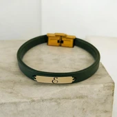 Harfe Özel 14 Ayar Altın Plakalı Dikdörtgen Figürlü Hakiki Yeşil Derili Hediye Bileklik-371 thumbnail 1