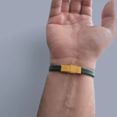 Burca Özel Dikdörtgen Figürlü Hakiki Yeşil Derili 14 Ayar Altın Plakalı Hediye Bileklik-371 thumbnail 5