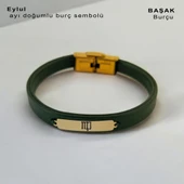 Doğum Ayına Özel 14 Ayar Altın Plakalı Dikdörtgen Figürlü Hakiki Yeşil Derili Hediye Bileklik-371 thumbnail 1