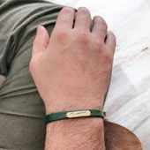 Sembole Özel Hakiki Yeşil Derili 14 Ayar Altın Plakalı Dikdörtgen Figürlü Hediye Bileklik-371 - 3