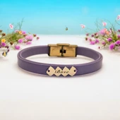 İsme Özel Hayat Döngüsü Motifli Doğal Mor Derili 14 Ayar Altın Plakalı Hediye Bileklik-372 thumbnail 2