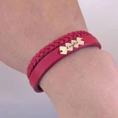 İsme Özel Hayat Döngüsü Figürlü Koyu Kırmızı Derili 14 Ayar Altın Plakalı Hediye Bileklik-373 thumbnail 4