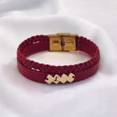 Harfe Özel 14 Ayar Altın Plakalı Hayat Döngüsü Figürlü Koyu Kırmızı Derili Hediye Bileklik-373 thumbnail 2