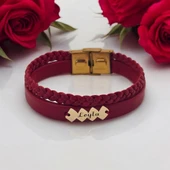 İsme Özel Hayat Döngüsü Figürlü Koyu Kırmızı Derili 14 Ayar Altın Plakalı Hediye Bileklik-373 thumbnail 2