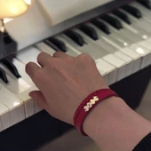 Harfe Özel 14 Ayar Altın Plakalı Hayat Döngüsü Figürlü Koyu Kırmızı Derili Hediye Bileklik-373 thumbnail 1