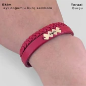 Doğum Ayına Özel 14 Ayar Altın Plakalı Hayat Döngüsü Figürlü Koyu Kırmızı Derili Hediye Bileklik-373 thumbnail 4