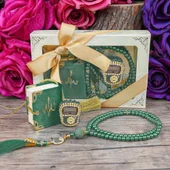 Hediyelik Mini Kur'an-ı Kerim & Lüks Taşlı Zikirmatik & İnci Tesbih Hediye Seti (2,5 * 4,5 * 5,5 cm 125 gr ) - Yeşil - 1