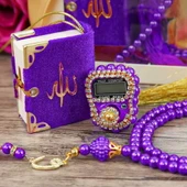 Hediyelik Mini Kur'an-ı Kerim & Lüks Taşlı Zikirmatik & İnci Tesbih Hediye Seti (2,5 * 4,5 * 5,5 cm  125 gr ) - Mor - 2