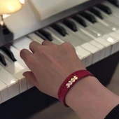 İsme Özel Hayat Döngüsü Figürlü Koyu Kırmızı Derili 14 Ayar Altın Plakalı Hediye Bileklik-373 thumbnail 1