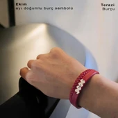 Doğum Ayına Özel 14 Ayar Altın Plakalı Hayat Döngüsü Figürlü Koyu Kırmızı Derili Hediye Bileklik-373 thumbnail 3