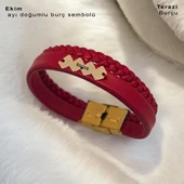 Doğum Ayına Özel 14 Ayar Altın Plakalı Hayat Döngüsü Figürlü Koyu Kırmızı Derili Hediye Bileklik-373 thumbnail 2